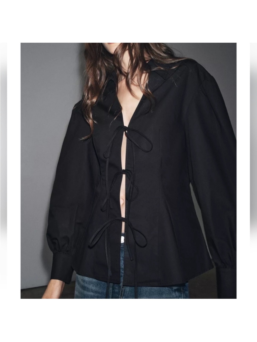 Zara Black Tie-Front Puff Sleeve Button Down Shirt